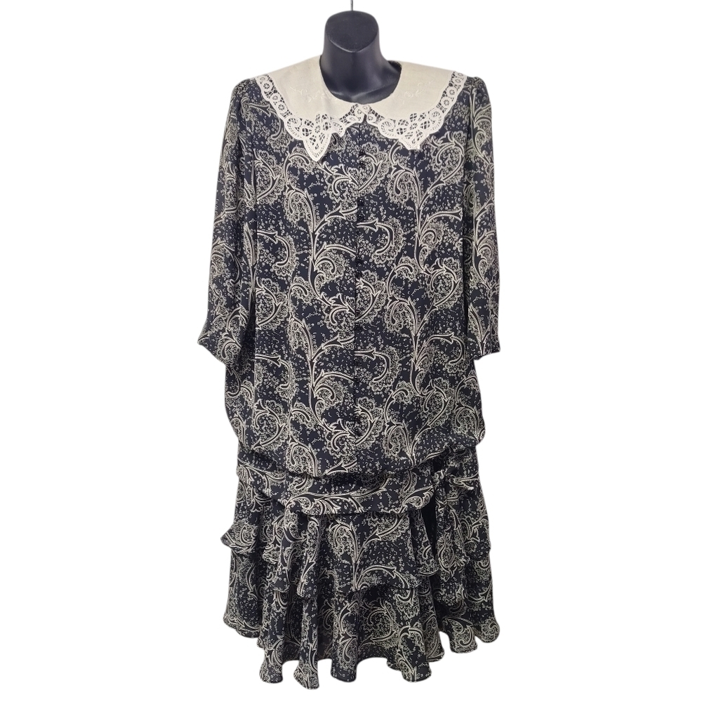 Vtg 80s Liz Roberts Layered Shimmer Side Bow Dress Wide Lace Collar Dress Sz M/L